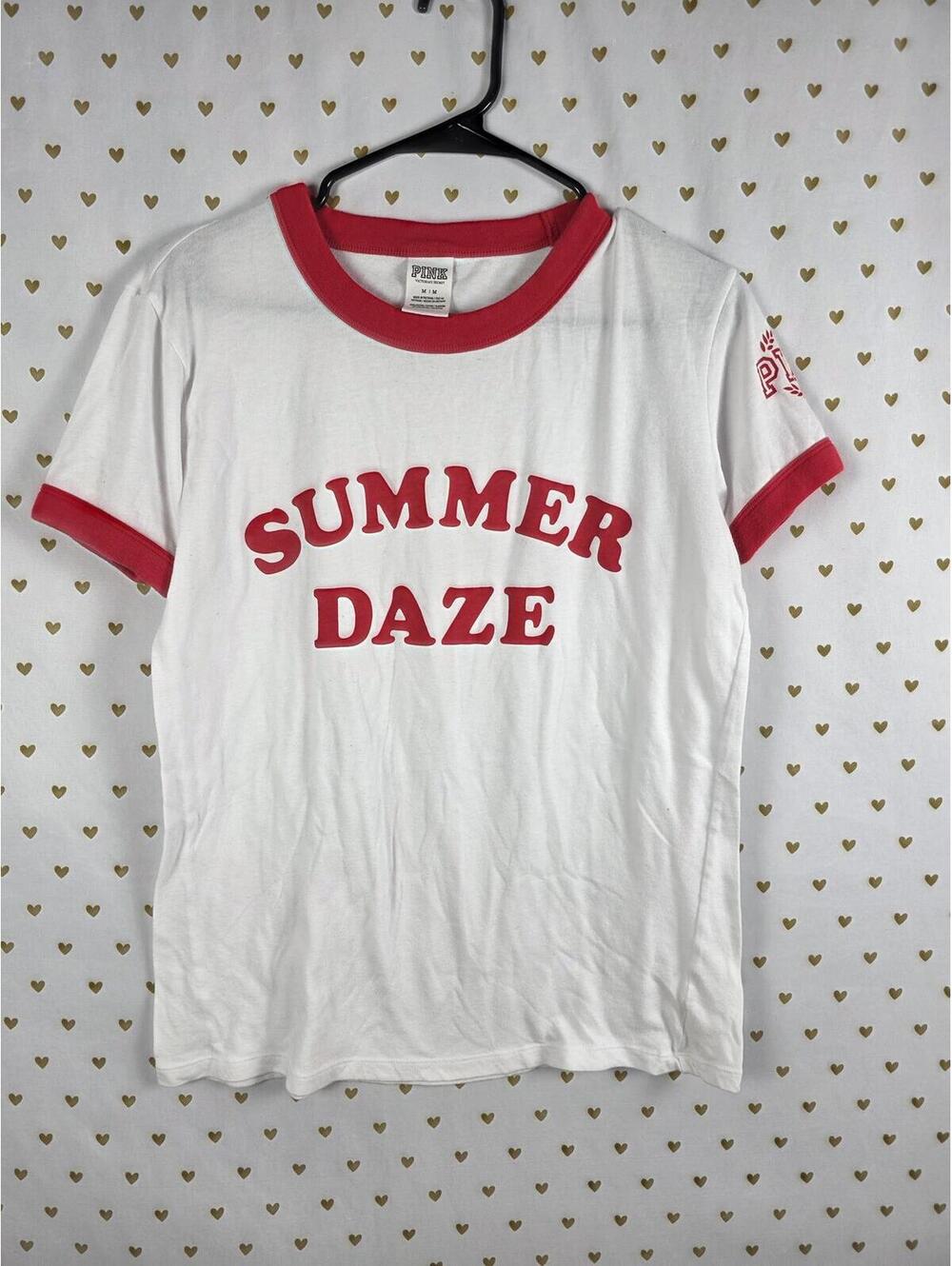 Victorias Secret PINK SUMMER DAZE Cute Ringer Tee shirt Red White MEDIUM - Picture 1 of 4